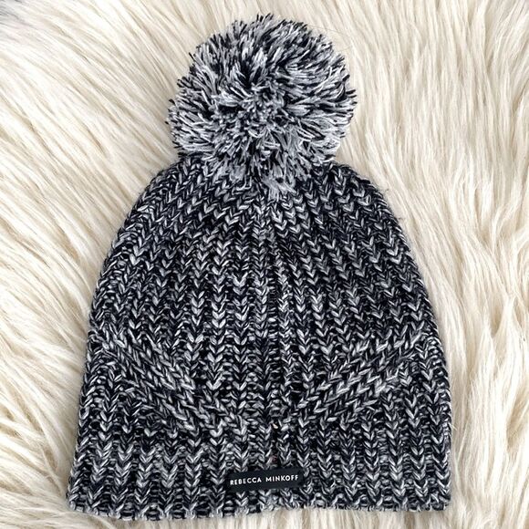 Rebecca Minkoff OS Marled Black Gray Knit Beanie Hat Pom Pom Good Conditionion - Picture 1 of 4